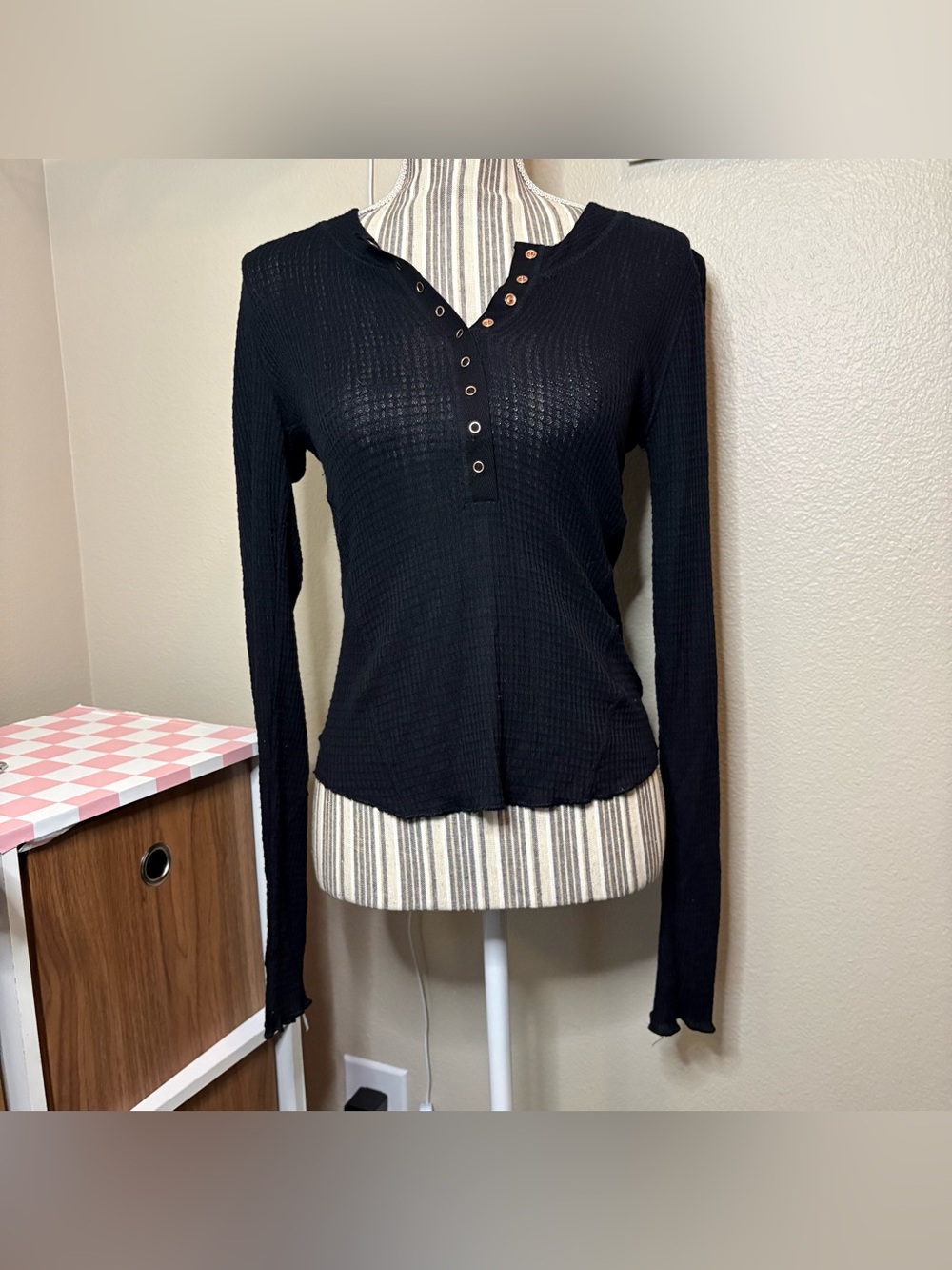 Free people bohochic Black LongSleeve Waffle Henley Top casual fall dark coquett